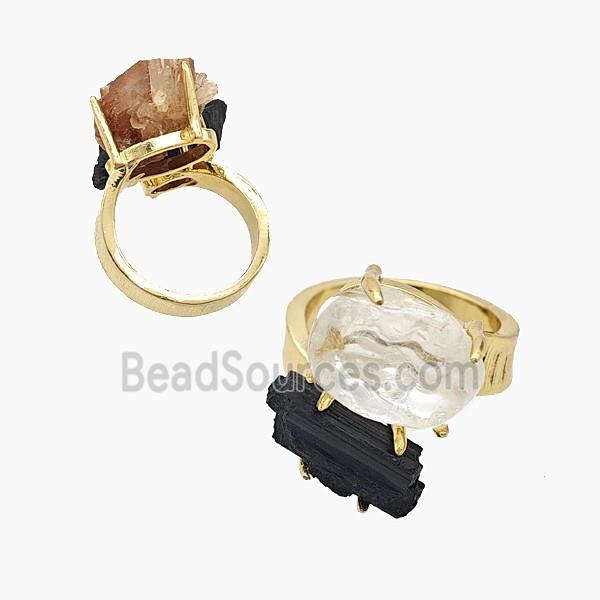 Copper Rings With Black Tourmaline Crystal Quartz Gold Plated