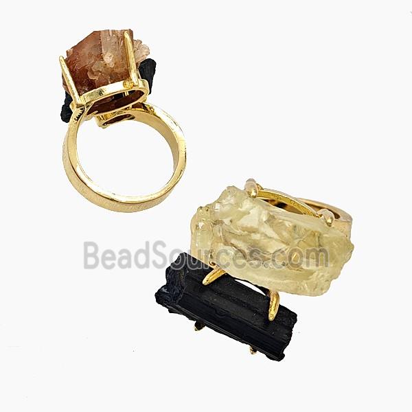 Copper Rings With Black Tourmaline Lemon Quartz Gold Plated