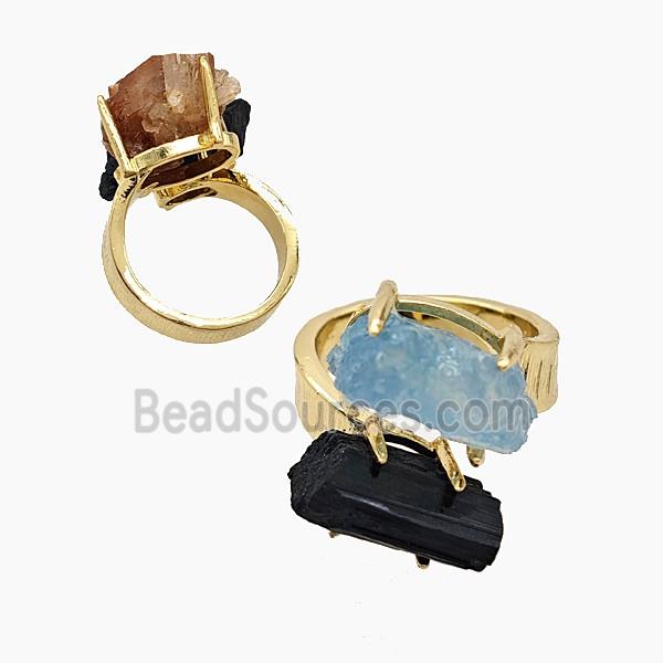 Copper Rings With Black Tourmaline Aquamarine Gold Plated