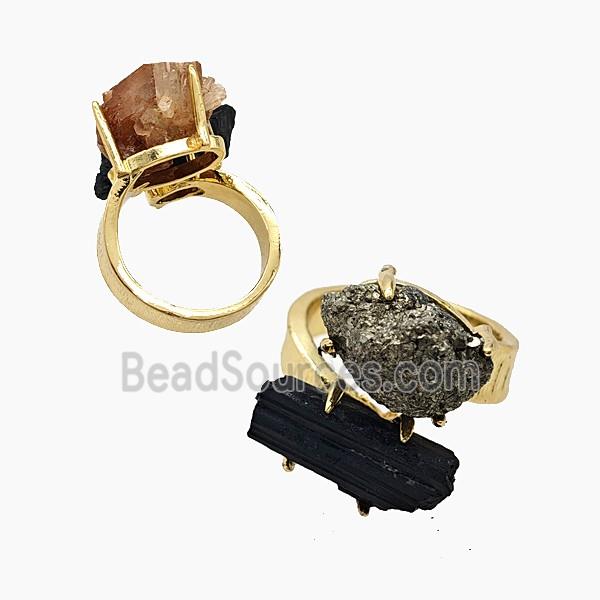 Copper Rings With Black Tourmaline Pyrite Gold Plated