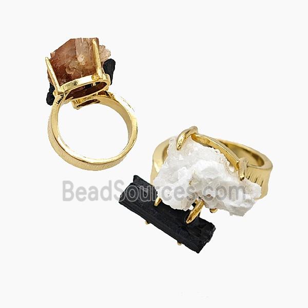 Copper Rings With Black Tourmaline Druzy Gold Plated