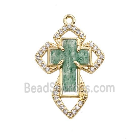 Copper Cross Pendant Pave Zirconia Strawberry Quartz Gold Plated