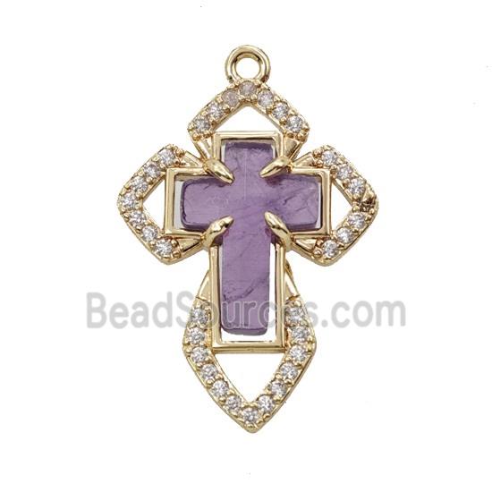 Copper Cross Pendant Pave Zirconia Amethyst Gold Plated