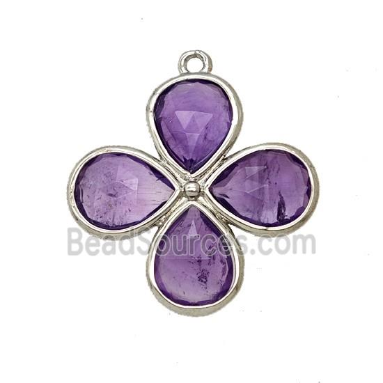 Natural Purple Amethyst Clover Pendant Platinum Plated
