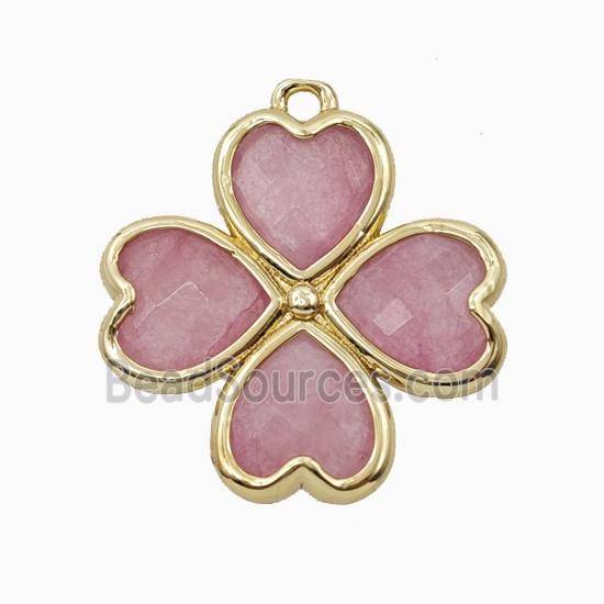 Pink Dye Jade Clover Pendant Heart Gold Plated