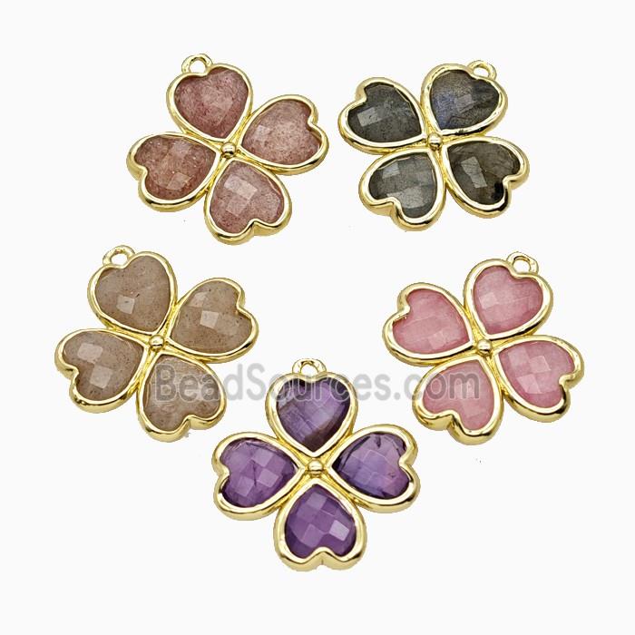 Natural Gemstone Clover Pendant Heart Gold Plated Mixed