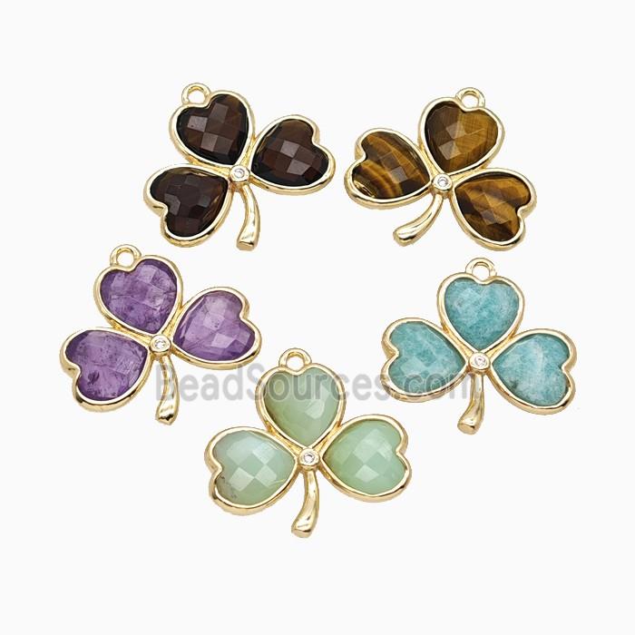 Natural Gemstone Clover Pendant Heart Gold Plated Mixed