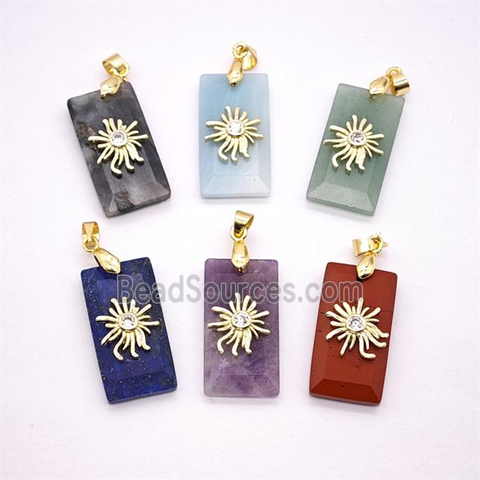 Natural Gemstone Rectangle Pendant With Copper Sun Mixed