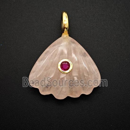 Pink Rose Quartz Scallop Shell Pendant Pave Zirconia