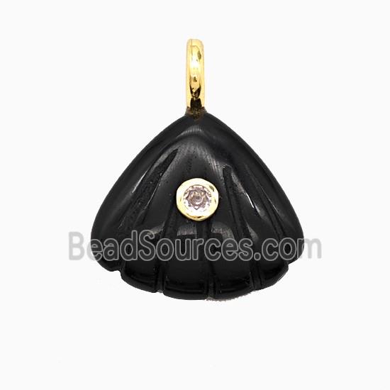 Black Obsidian Scallop Shell Pendant Pave Zirconia