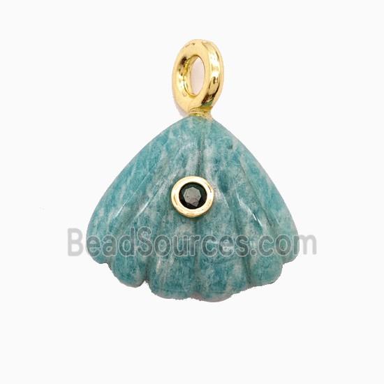 Green Amazonite Scallop Shell Pendant Pave Zirconia