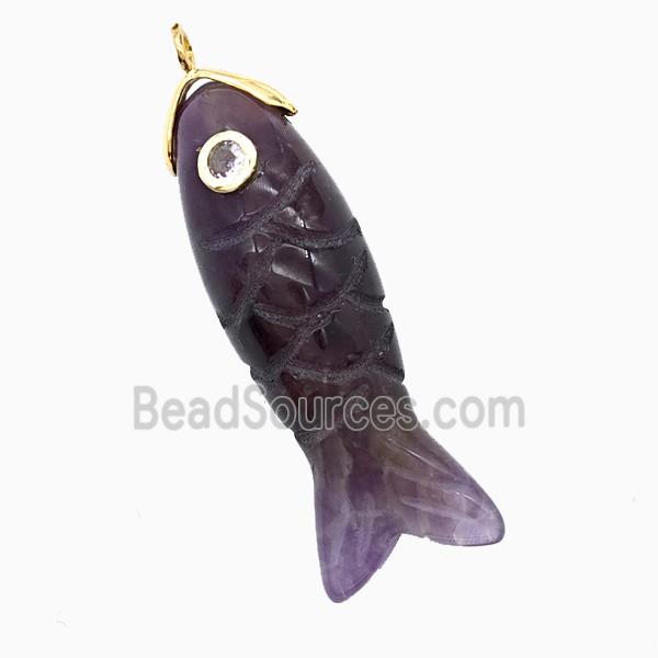Purple Amethyst Fish Pendant Pave Zirconia