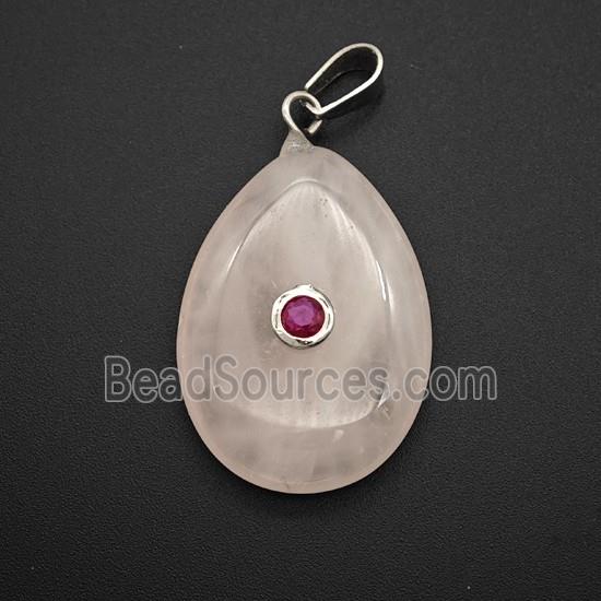 Pink Rose Quartz Teardrop Pendant Pave Zirconia