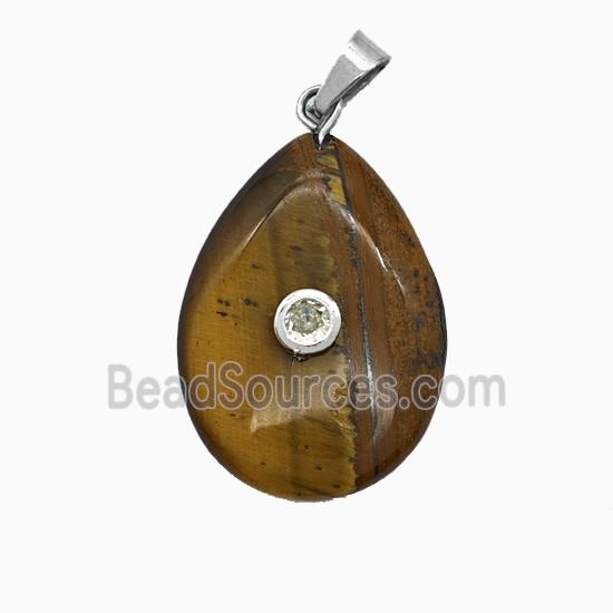 Tiger Eye Stone Teardrop Pendant Pave Zirconia