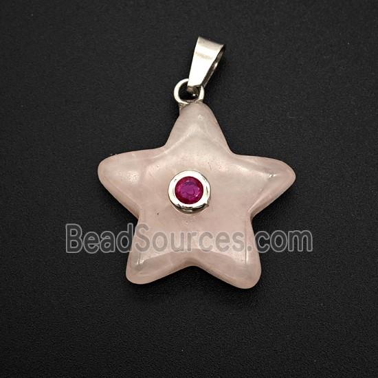 Pink Rose Quartz Star Pendant Pave Zirconia
