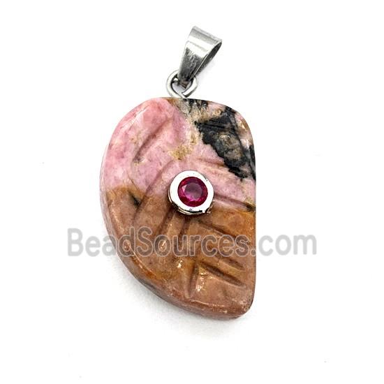 Chinese Rhodonite Leaf Pendant Pave Zirconia