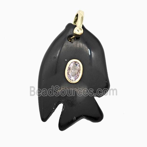 Black Obsidian Fish Pendant Pave Zirconia