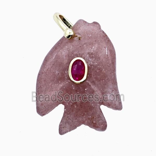 Pink Strawberry Quartz Fish Pendant Pave Zirconia