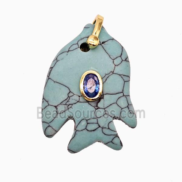 Teal Dye Howlite Turquoise Fish Pendant Pave Zirconia