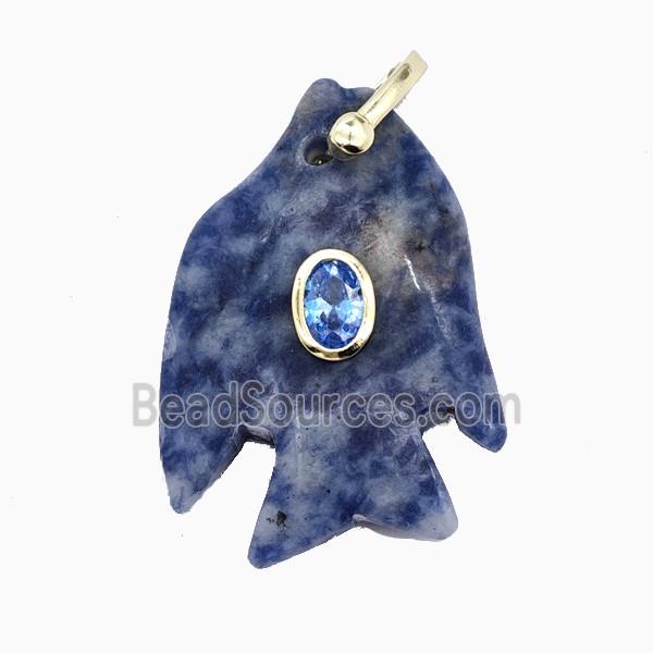 Blue Dalmatian Jasper Fish Pendant Pave Zirconia