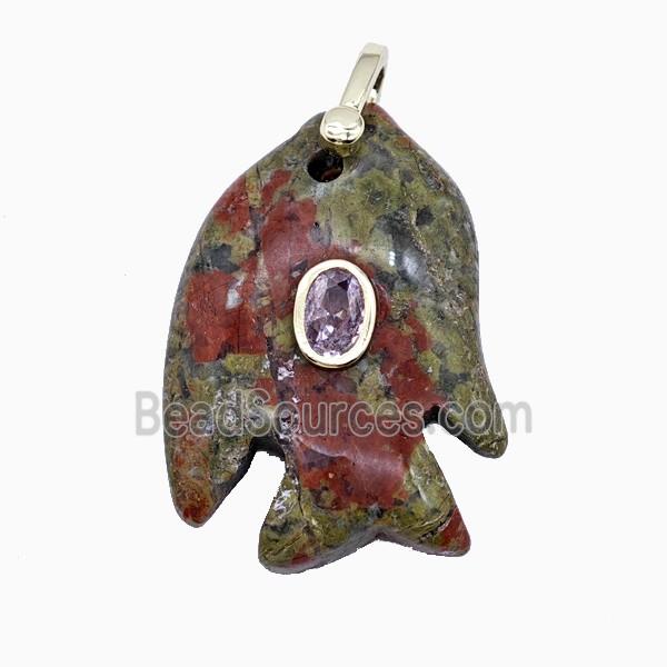 Unakite Fish Pendant Pave Zirconia