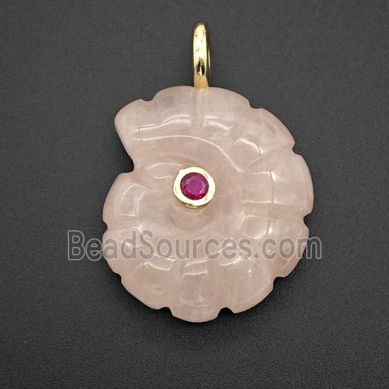 Pink Rose Quartz Spiral Shell Pendant Pave Zirconia