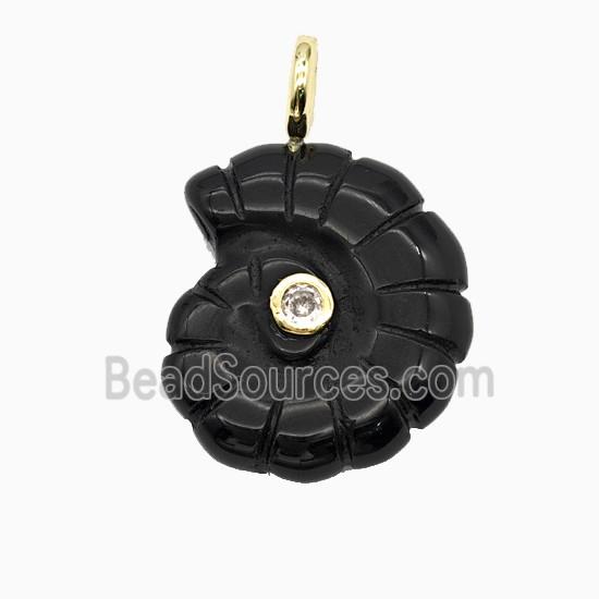 Black Obsidian Spiral Shell Pendant Pave Zirconia