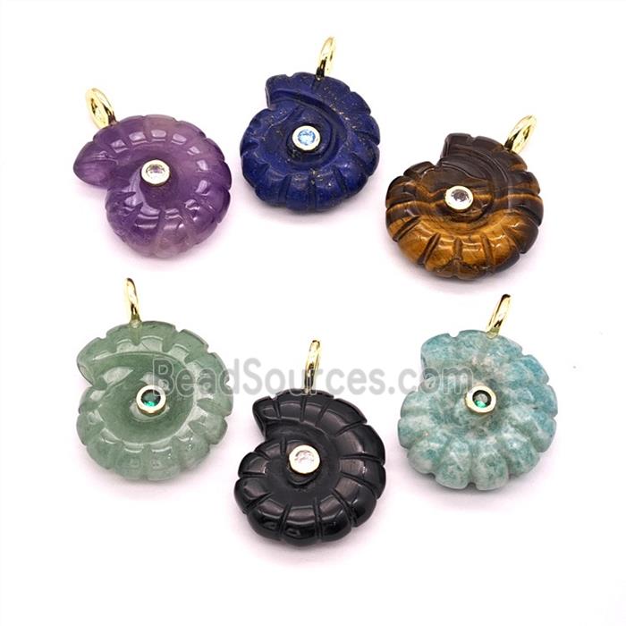 Natural Gemstone Spiral Shell Pendant Pave Zirconia