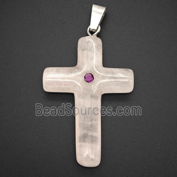 Pink Rose Quartz Cross Pendant Pave Zirconia