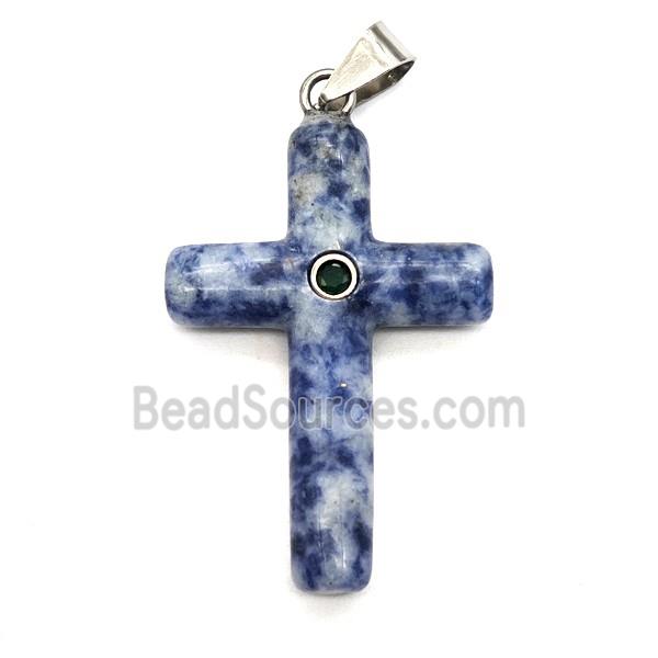 Blue Dalmatian Jasper Cross Pendant Pave Zirconia
