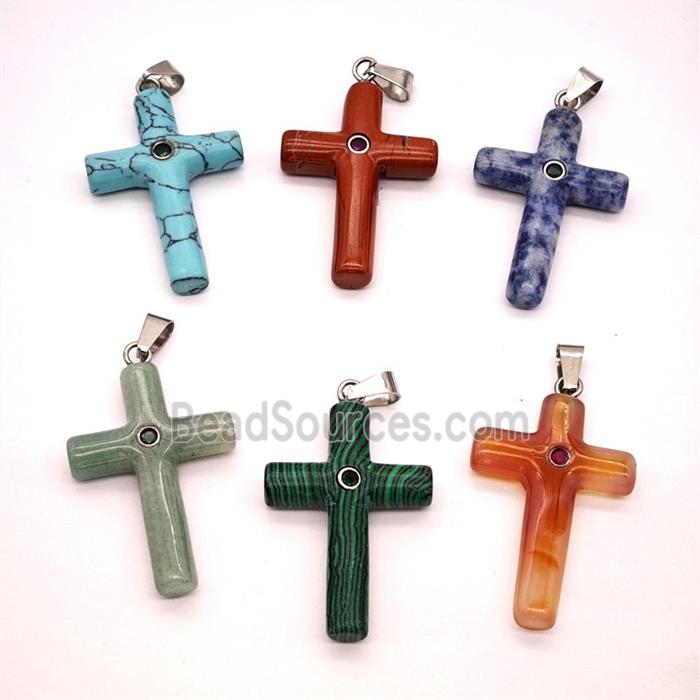 Gemstone Cross Pendant Pave Zirconia Mixed