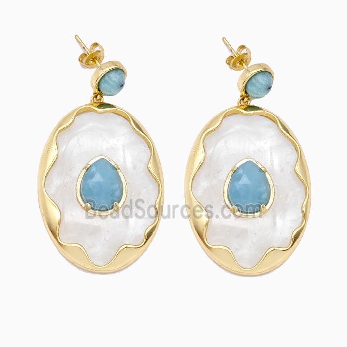 Clear Quartz Oval Stud Earrings Copper Gold Plated