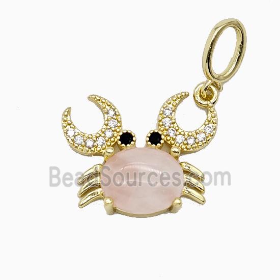Copper Crab Pendant Pave Zirconia Rose Quartz Gold Plated