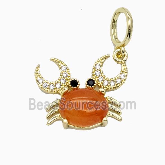 Copper Crab Pendant Pave Zirconia Red Catseye Gold Plated