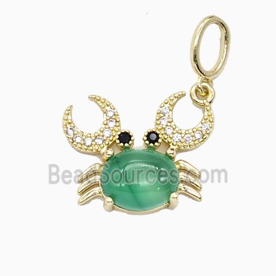 Copper Crab Pendant Pave Zirconia Green Jade Gold Plated