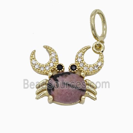 Copper Crab Pendant Pave Zirconia Purple Jade Gold Plated