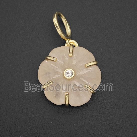 Pink Rose Quartz Flower Pendant Pave Zirconia