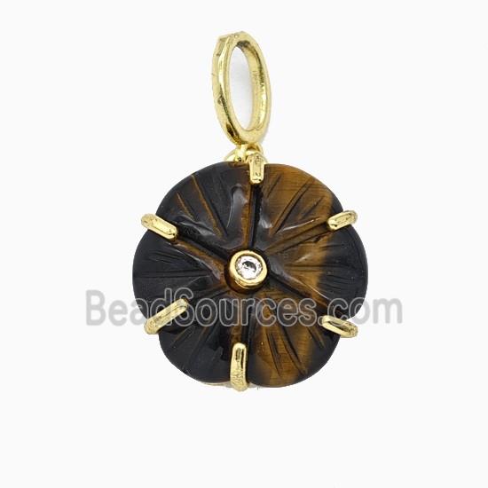 Tiger Eye Stone Flower Pendant Pave Zirconia