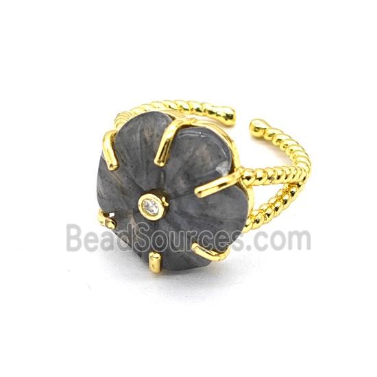 Labradorite Flower Rings Pave Zirconia Gold Plated