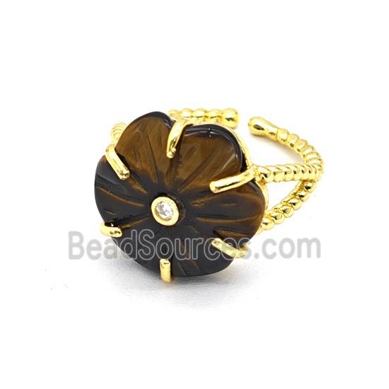 Tiger Eye Stone Flower Rings Pave Zirconia Gold Plated