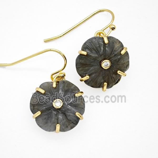 Labradorite Flower Hook Earrings Pave Zirconia Gold Plated