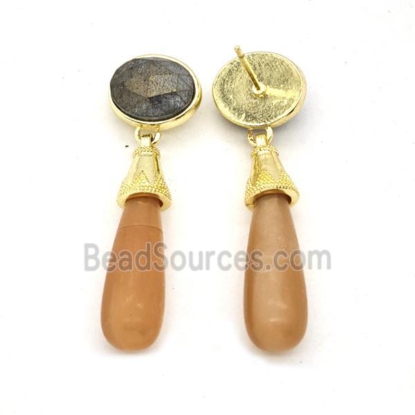 Orange Aventurine Teardrop Stud Earrings Gold Plated