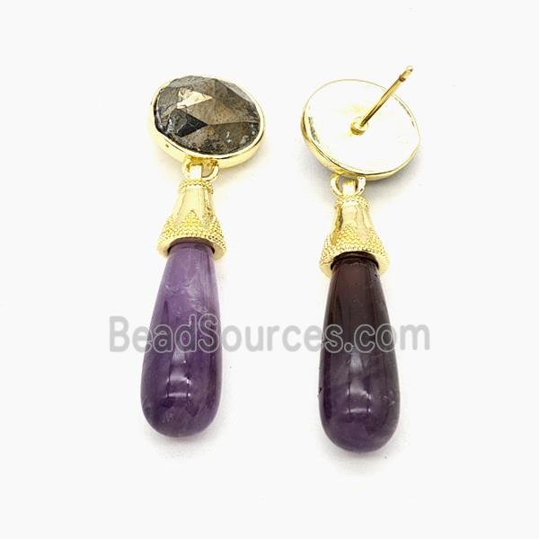 Purple Amethyst Teardrop Stud Earrings Gold Plated
