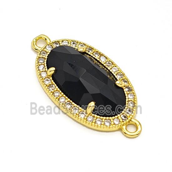 Natural Black Obsidian Oval Connector Copper Pave Zirconia Gold Plated