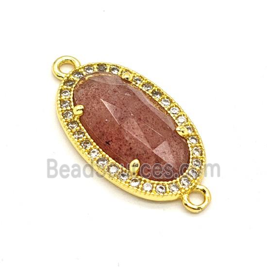 Natural Pink Strawberry Quartz Oval Connector Copper Pave Zirconia Gold Plated