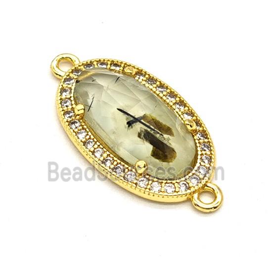 Natural Green Prehnite Oval Connector Copper Pave Zirconia Gold Plated