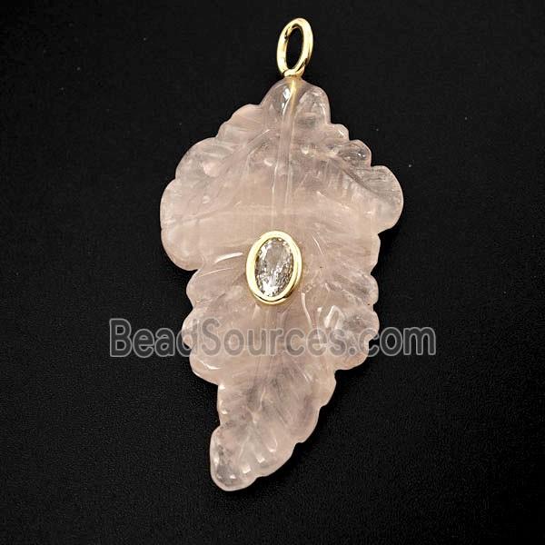 Pink Rose Quartz Leaf Pendant Pave Zirconia