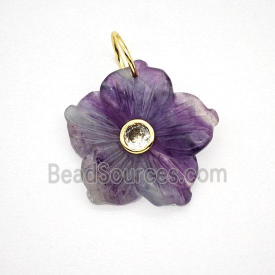 Natural Purple Fluorite Flower Pendant Pave Zirconia