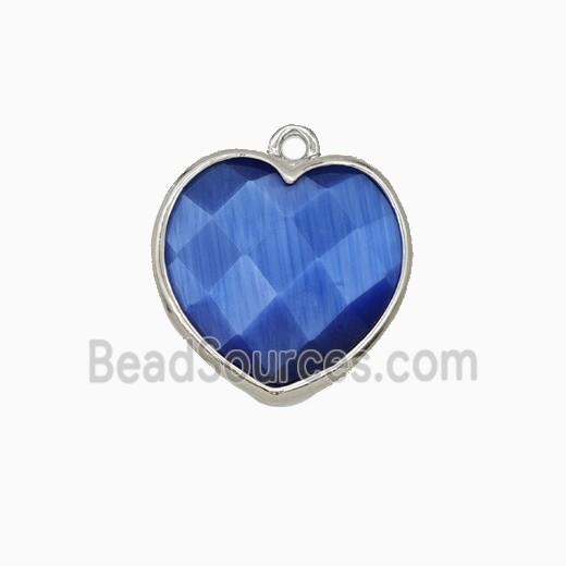Blue Cats Eye Glass Heart Pendant Faceted