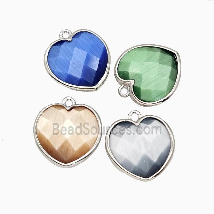 Cats Eye Glass Heart Pendant Faceted Mixed